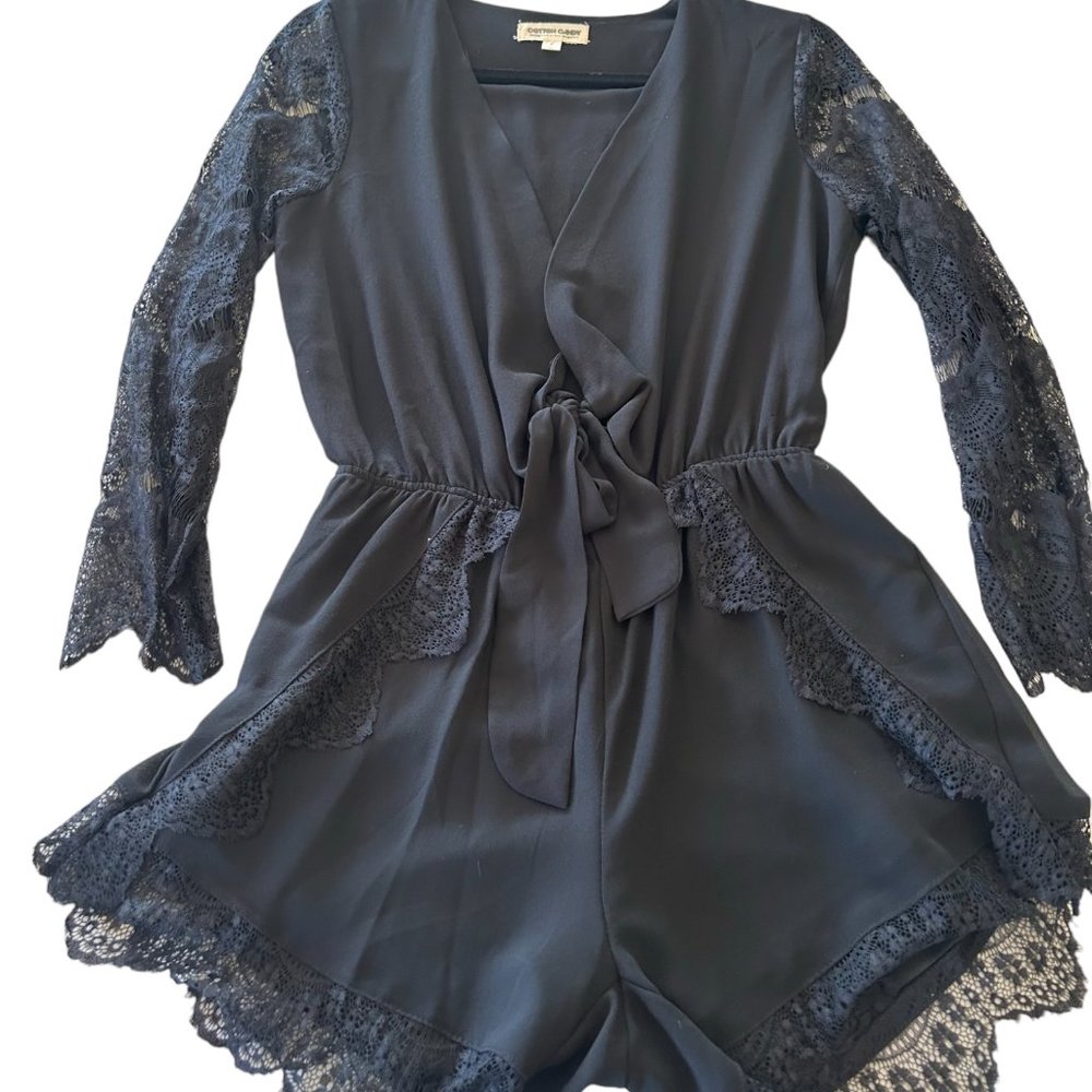 Cotton Candy Black Lace Romper with bell sleeve. Size Small. 007 - Picture 1 of 11